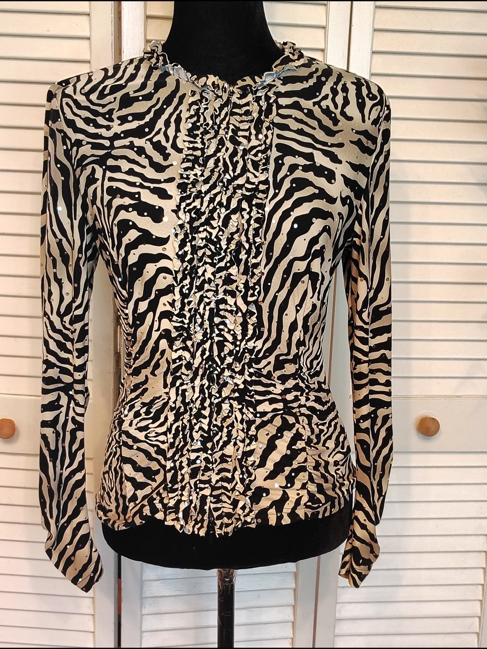 Joseph Ribkoff Tiger Print Ruffle Front Long Sleeve Top - Black & Cream